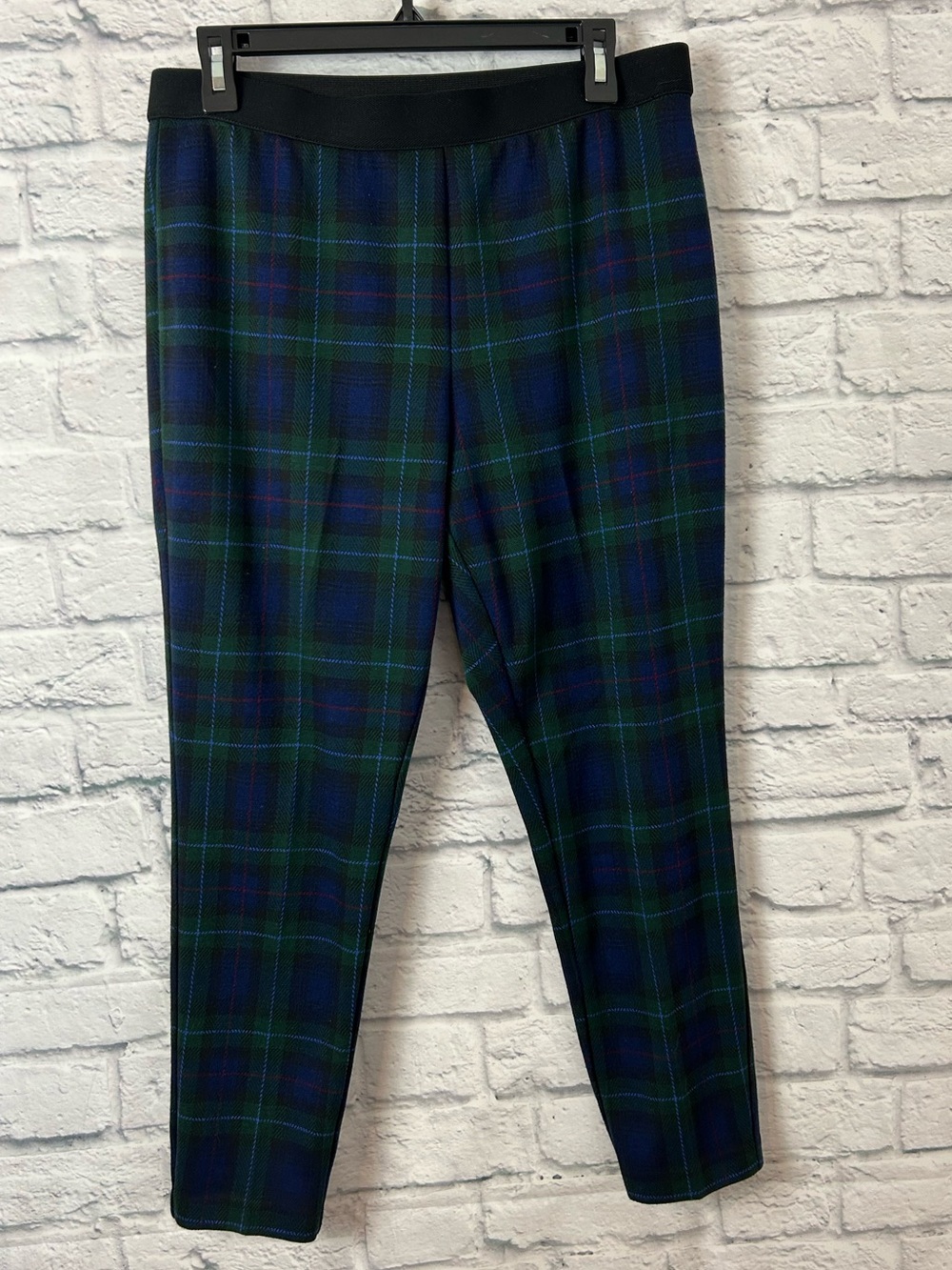 Talbots Soho Ankle Pants 14P Blue Green Plaid Tartan Pull On Stretch Skinny